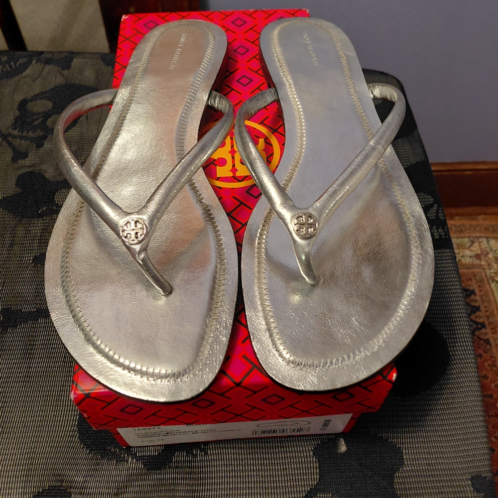 Tory Burch Silver Flip-Flop Sandals